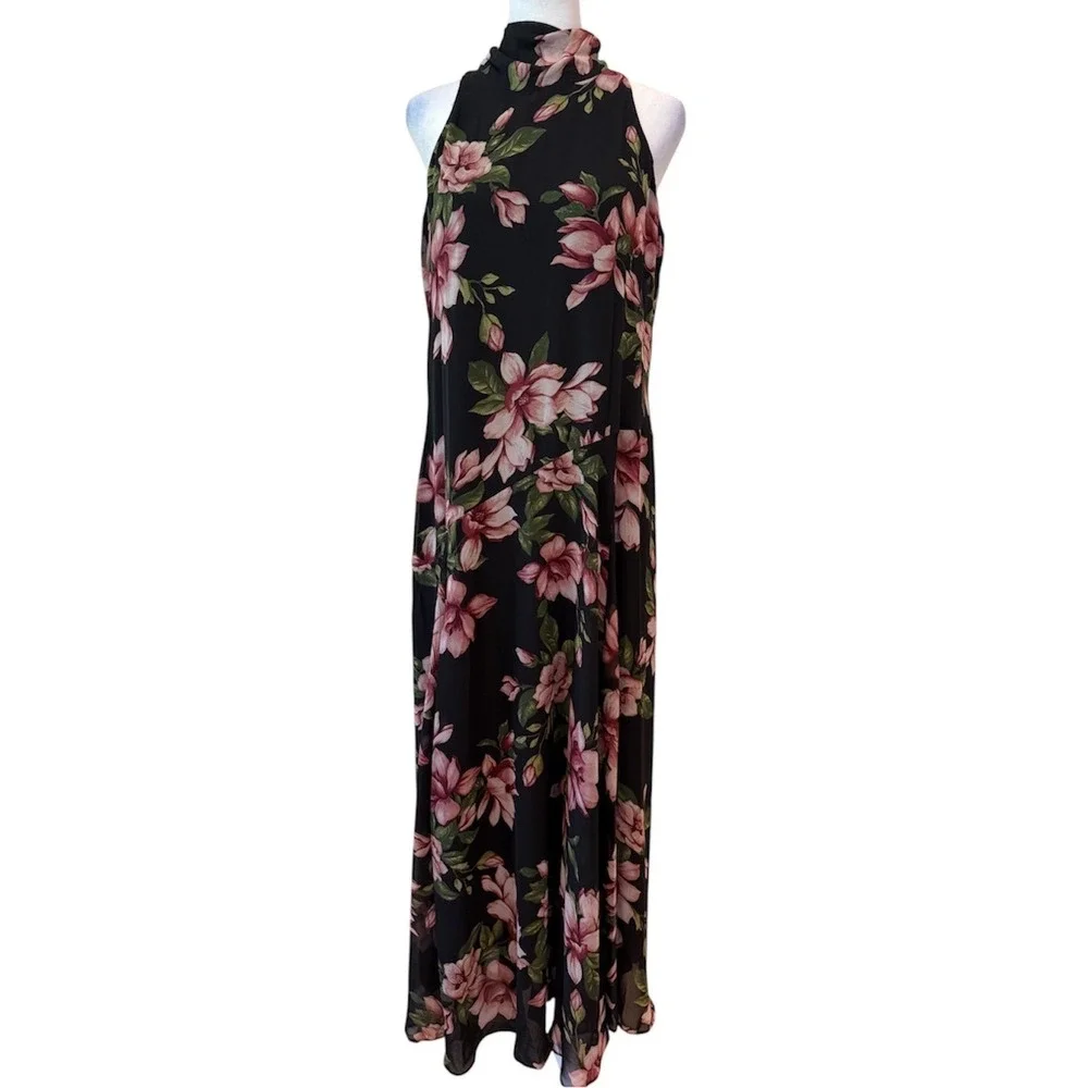 Rachel Zoe Black Pink Floral Magnolia High Neck Halter Maxi Dress Med NWOT